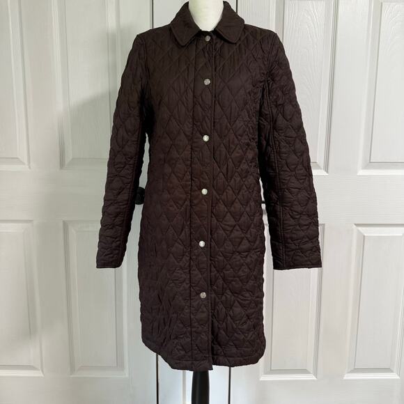 LL Bean Women's Brown Quilted Zip/Snap Long Coat Size Medium - Picture 1 of 16